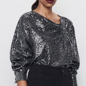 Zara Silver Grey Sequin Metallic Long Sleeve Top with Knot Size M